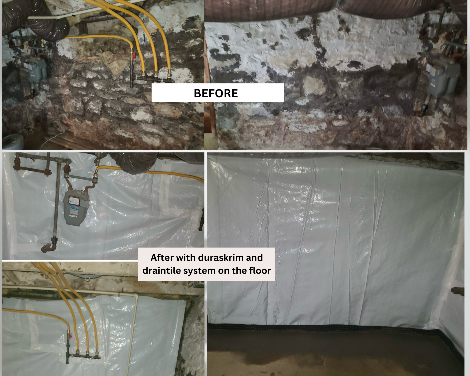 Before and after of duraskrim and draintile system installed
